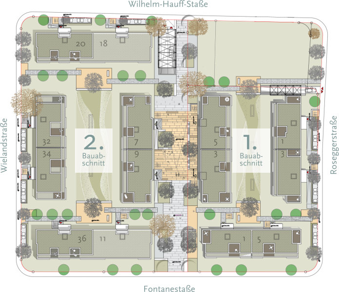 Wilhelm-Hauff-Staße Fontanestaße Roseggerstraße Wielandstraße Bauab- schnitt 1. Bauab- schnitt 2. 20 18 32 34 36 11 7 9 5 3 1 3 1 5